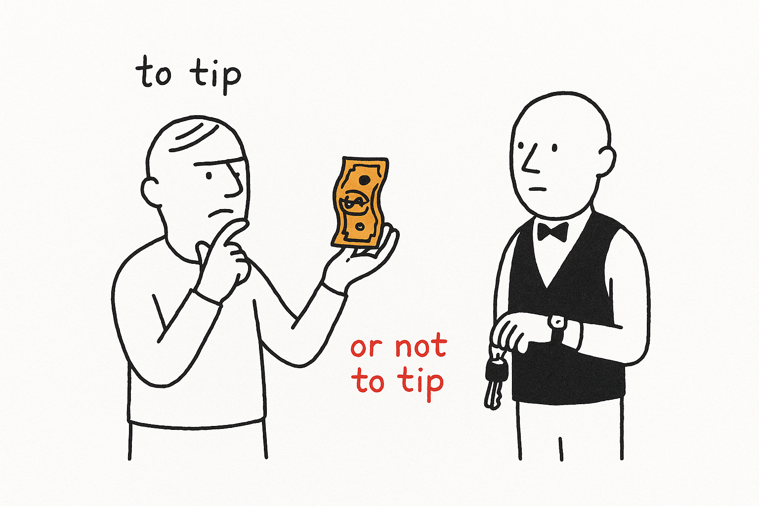 A customer in contemplative pose holds up a dollar bill in place of a skull while a deadpan valet attendant patiently checks his wristwatch.